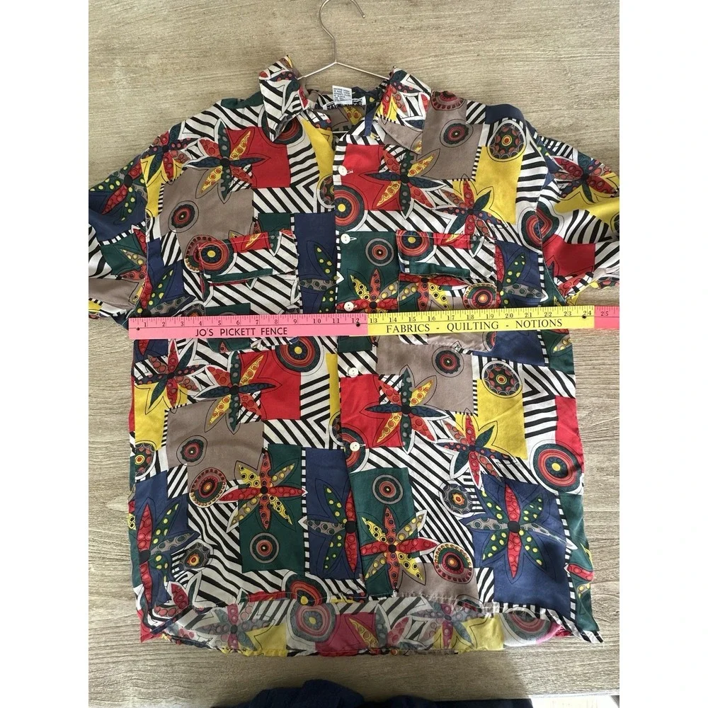 VTG 90s Abstract Graphic Silk Button Down Shirt Mens Fresh Prince Lg Sleeve Sz M